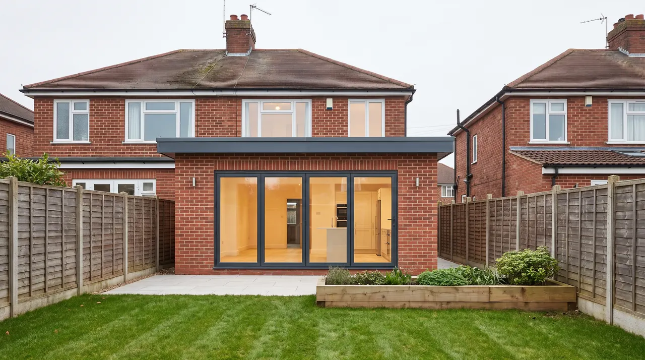 A completed single storey rear extension in matching red brick with wide bifold doors onto a lawn
